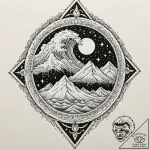 Ice banner beneath celestial storm, ink illus… – tattoo sketch (№1752270703_0, 11.07.2025 21:51) — tattoovalue.net