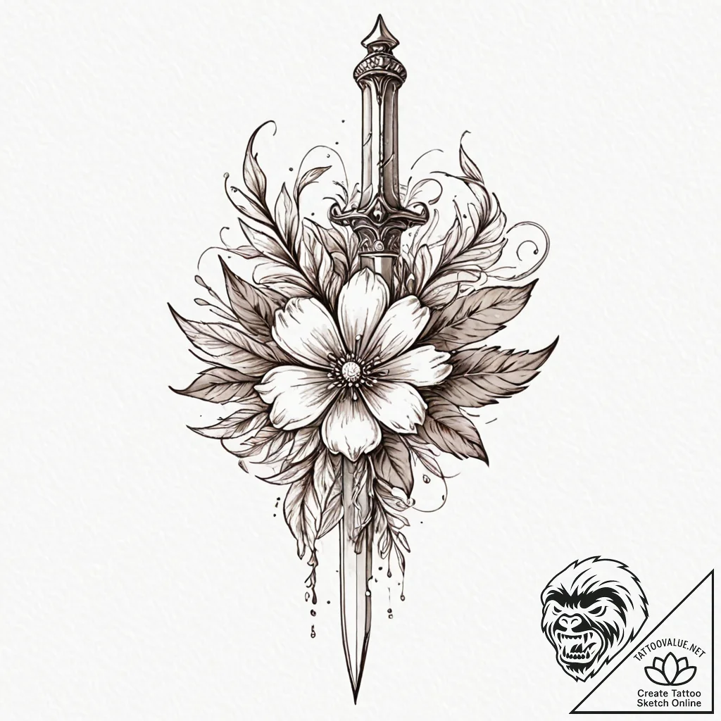 Feathered dagger through bone flower, concept... - tattoo sketch (№1752270870_0, 11.07.2025 21:54) — tattoovalue.net