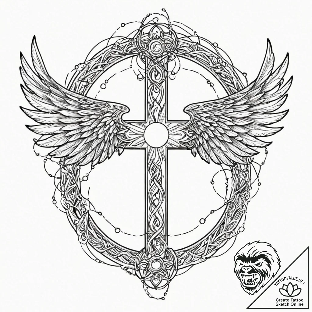 Graven wings beneath celestial gate, concept... - tattoo sketch (№1752271454_0, 11.07.2025 22:04) — tattoovalue.net