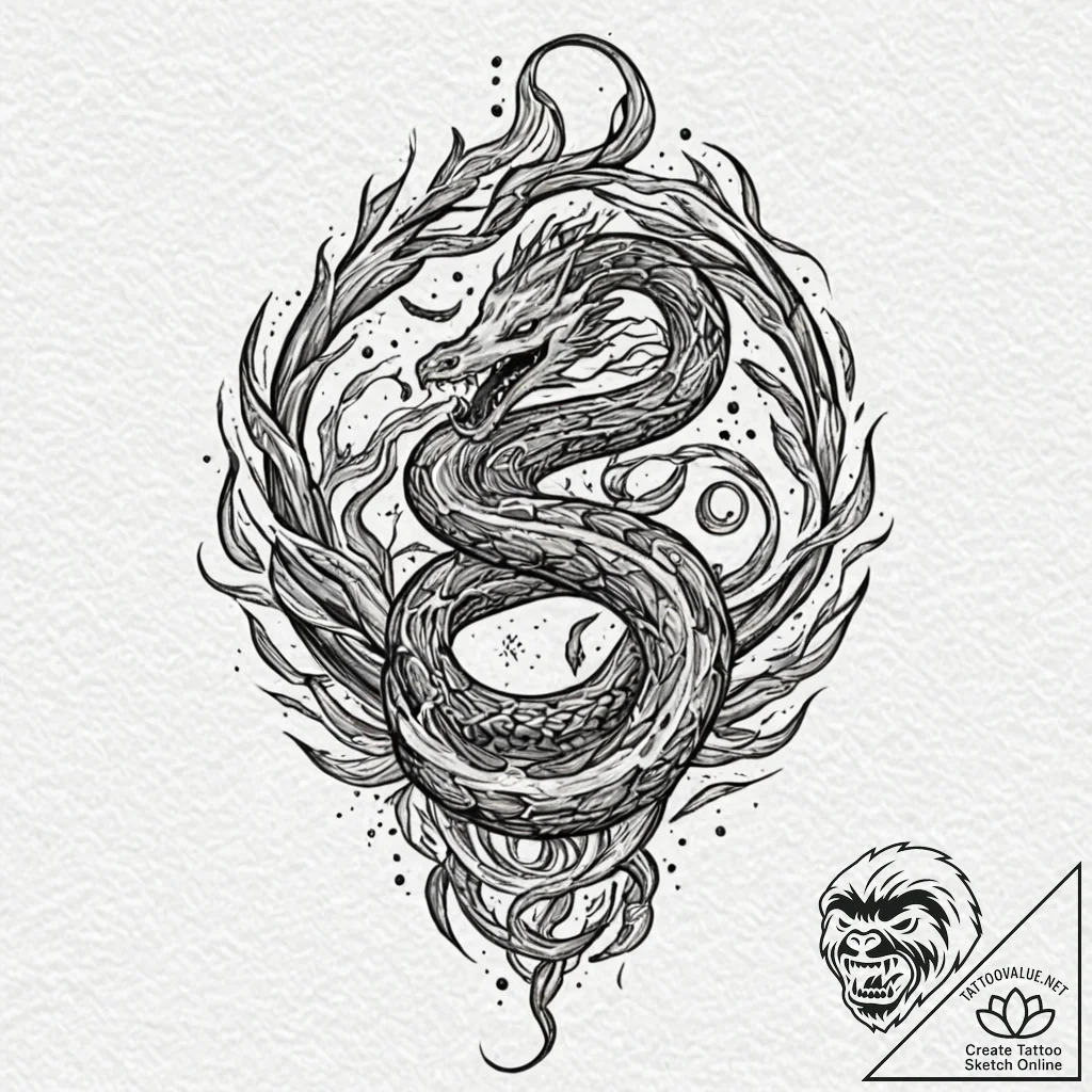 Haunted serpent devouring celestial flame, co... - tattoo sketch (№1752271538_0, 11.07.2025 22:05) — tattoovalue.net
