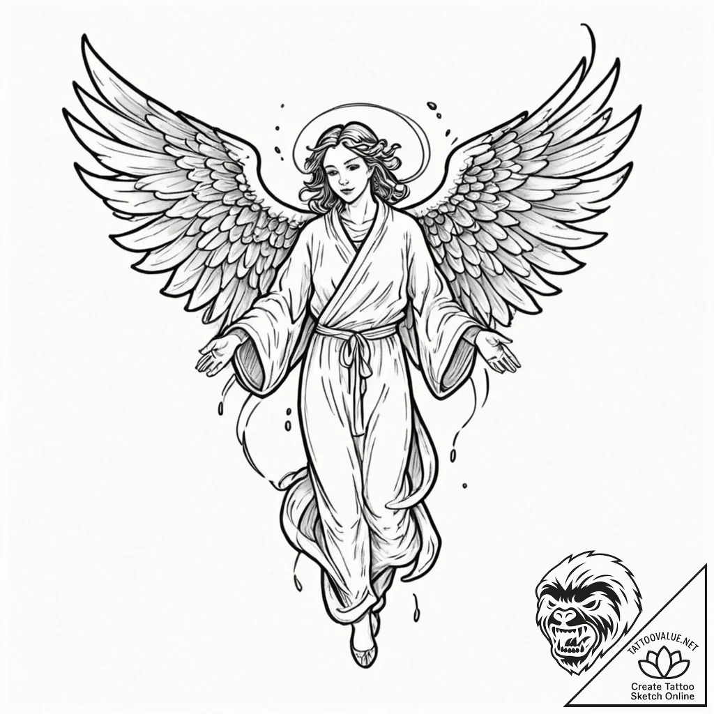 Abyssal angel with torn robes, ink illustrati... - tattoo sketch (№1752271623_0, 11.07.2025 22:07) — tattoovalue.net