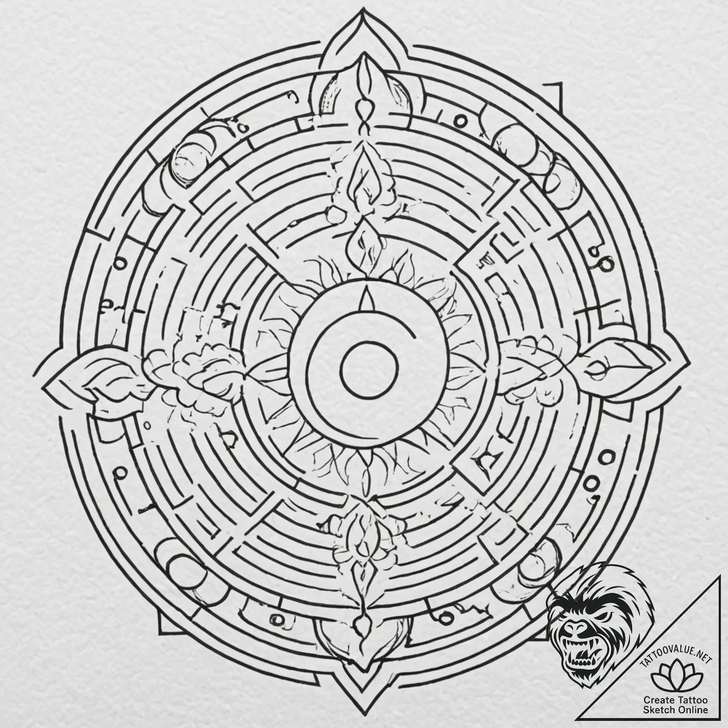 Labyrinth beneath eclipsed stars, tattoo draw... - tattoo sketch (№1752272291_0, 11.07.2025 22:18) — tattoovalue.net