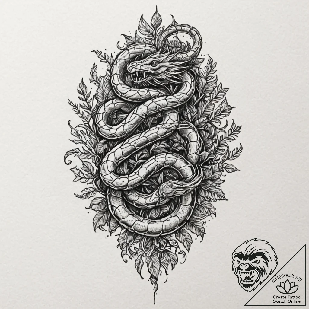 Jungle serpent crowned with roots, tattoo dra... - tattoo sketch (№1752272376_0, 11.07.2025 22:19) — tattoovalue.net