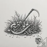 Scythe, cold and sharp, resting on a pile of… – tattoo sketch (№1752273435_0, 11.07.2025 22:37) — tattoovalue.net