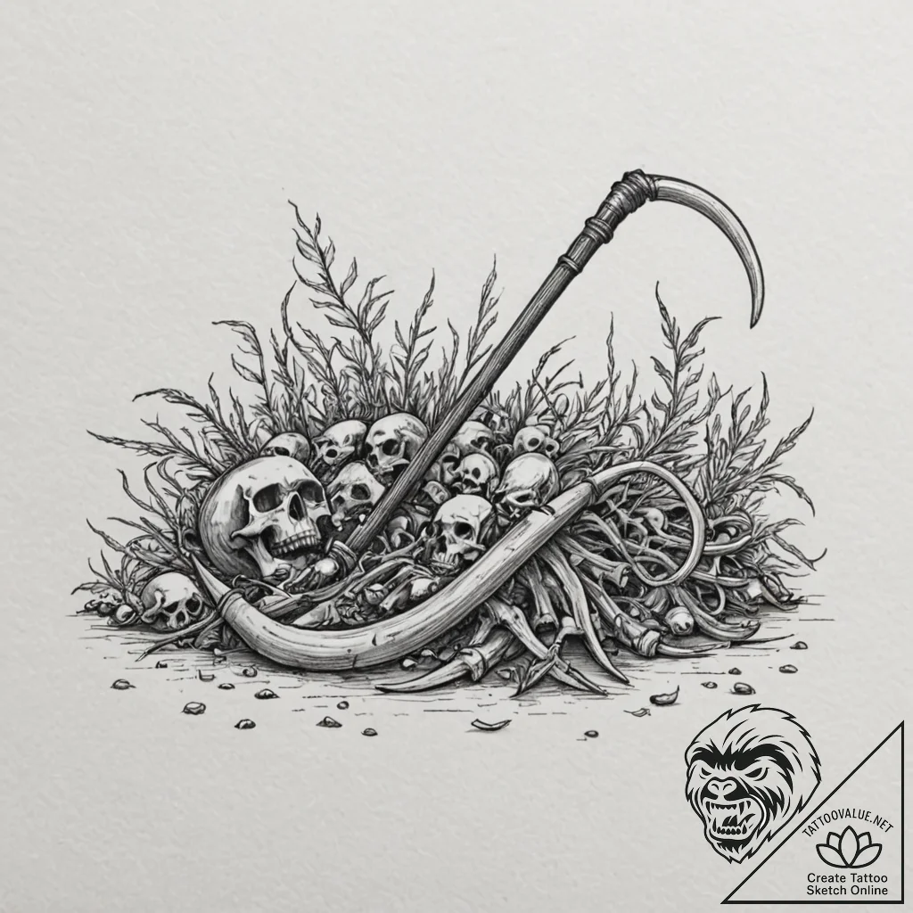 Scythe, cold and sharp, resting on a pile of... - tattoo sketch (№1752273435_0, 11.07.2025 22:37) — tattoovalue.net