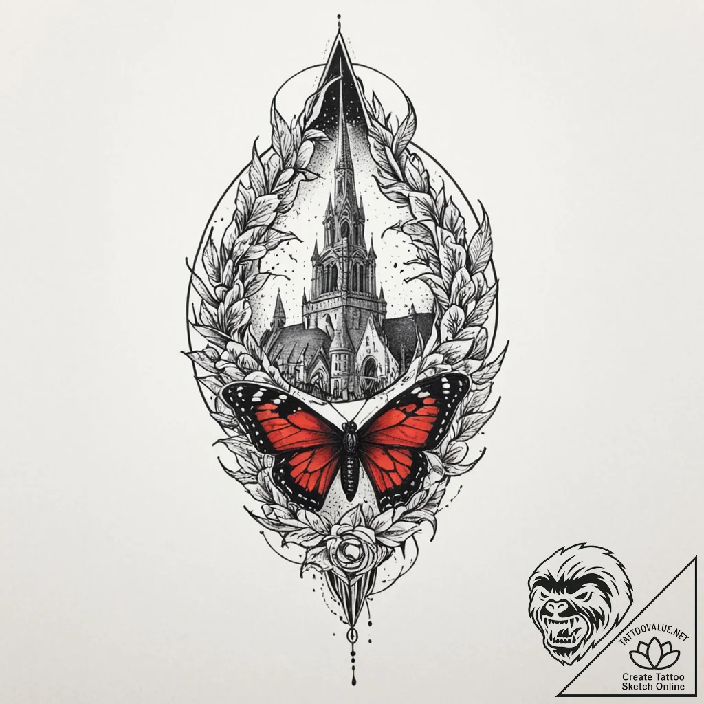 Moth cocoon beneath shattered spire, tattoo d... - tattoo sketch (№1752273998_0, 11.07.2025 22:46) — tattoovalue.net