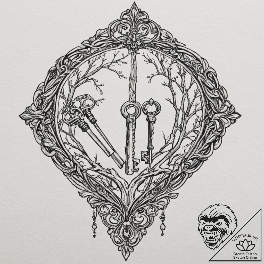 Quartz key unlocking bone cage, tattoo line a... - tattoo sketch (№1752274166_0, 11.07.2025 22:49) — tattoovalue.net