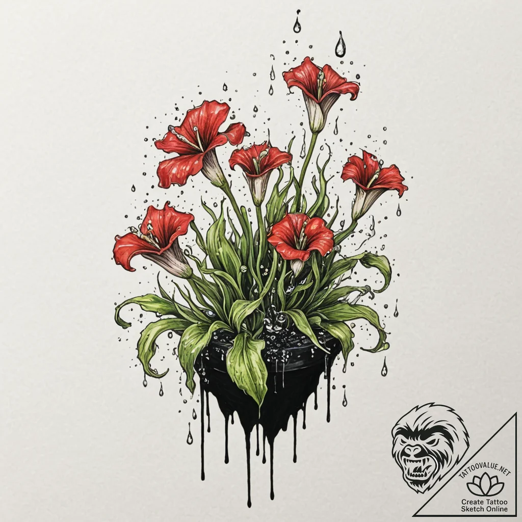 Carnivorous plant with dewdrops like tiny sku... - tattoo sketch (№1752274250_0, 11.07.2025 22:50) — tattoovalue.net