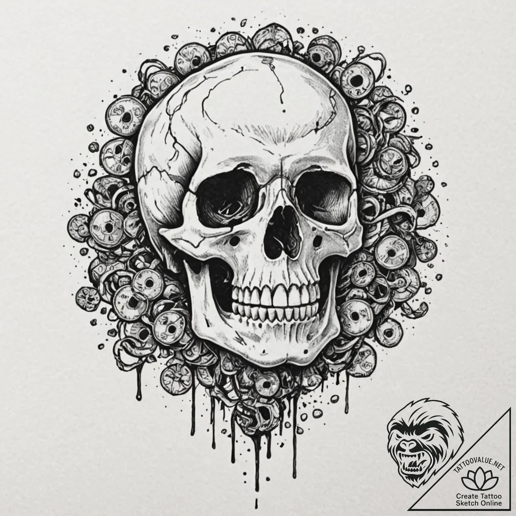 Bone coins spilling from skull, concept art f... - tattoo sketch (№1752274418_0, 11.07.2025 22:53) — tattoovalue.net