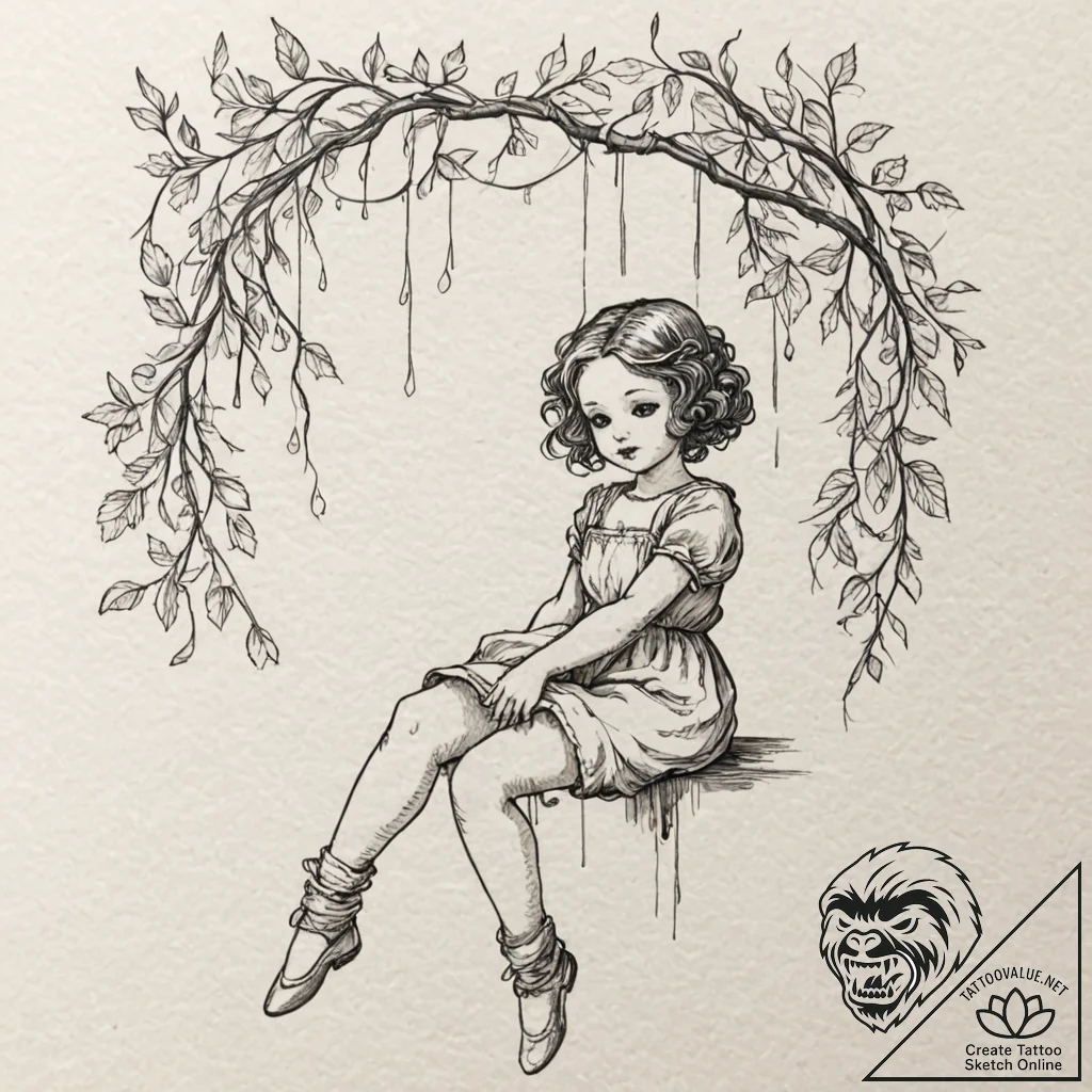 Porcelain doll hanging from vines, artistic t... - tattoo sketch (№1752276187_0, 11.07.2025 23:23) — tattoovalue.net