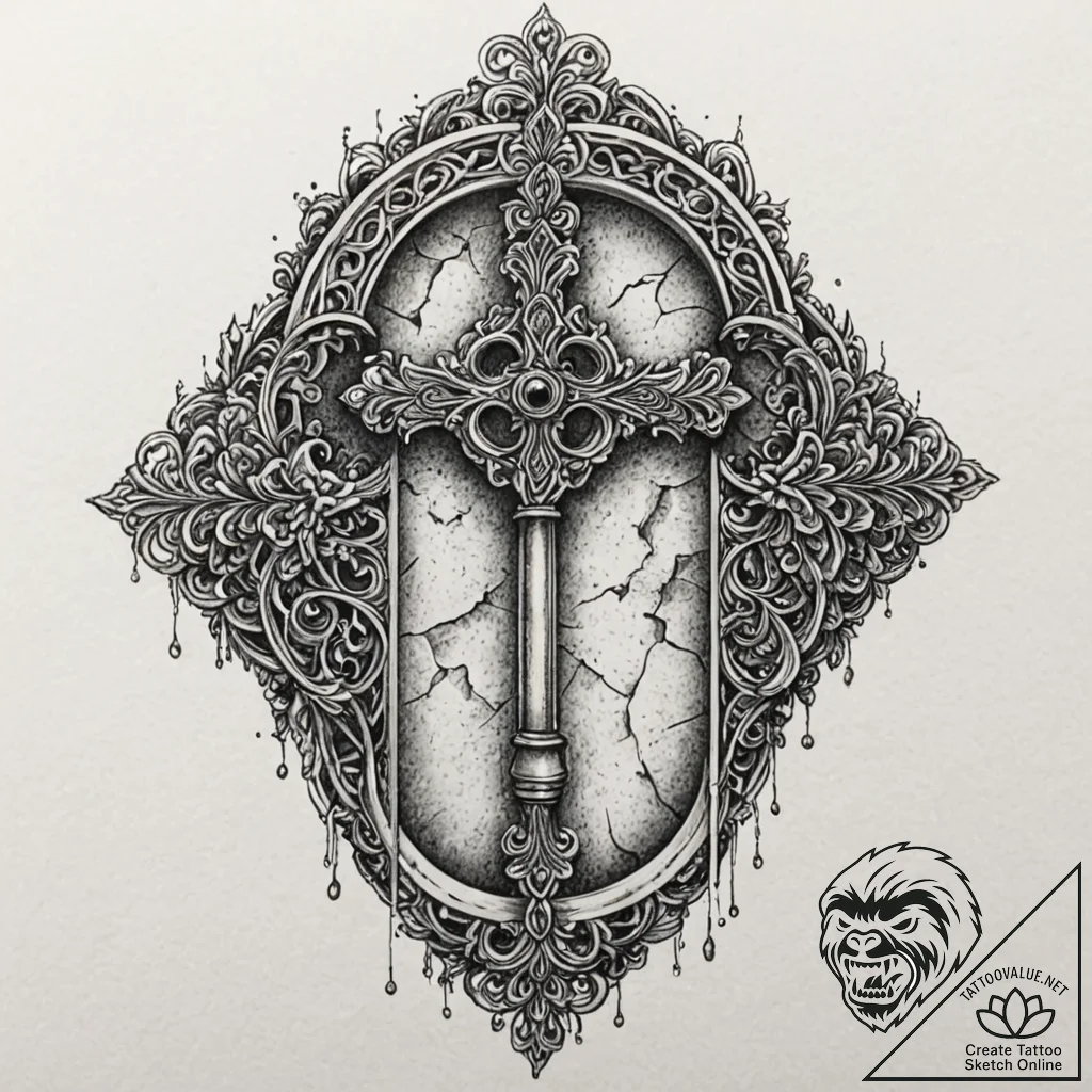 Crumbling key unlocking ancient door, tattoo... - tattoo sketch (№1752276271_0, 11.07.2025 23:24) — tattoovalue.net