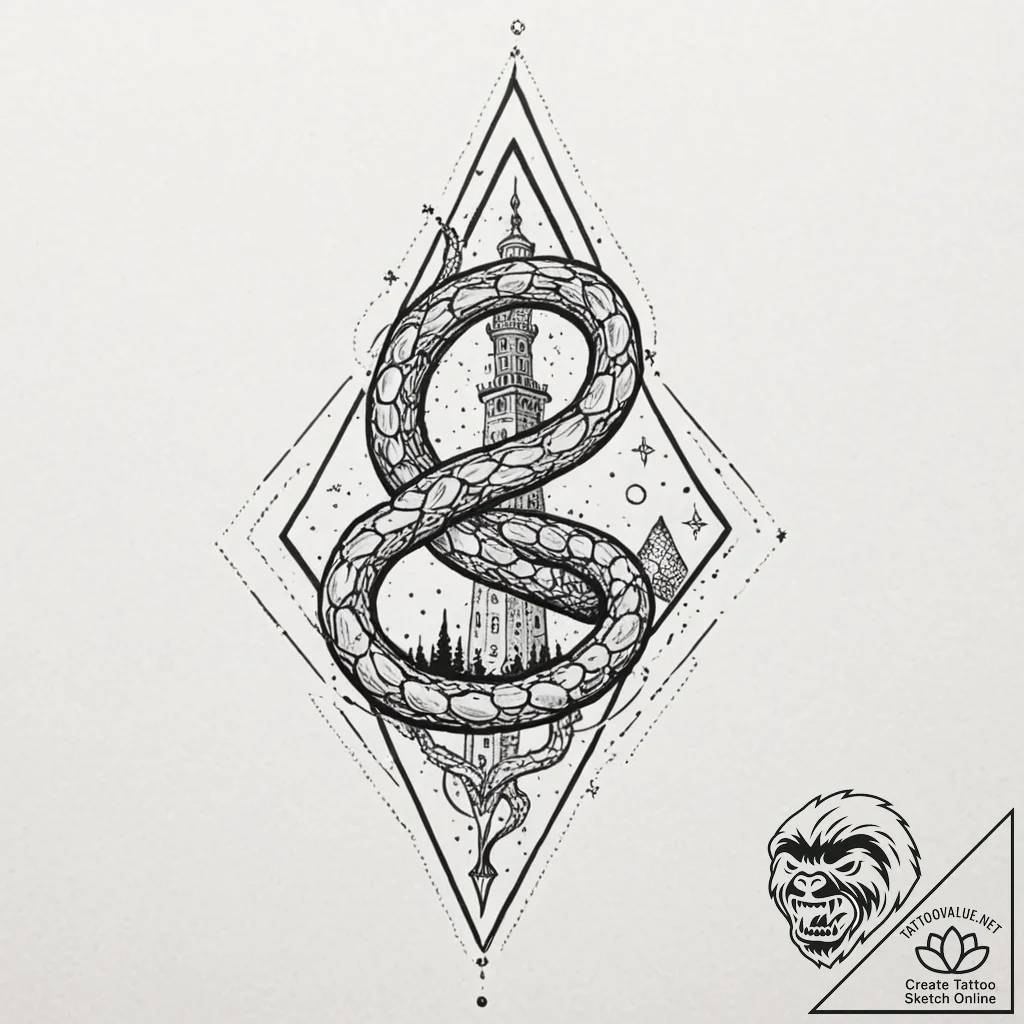 Hollow serpent beneath spectral spire, tattoo... - tattoo sketch (№1752277201_0, 11.07.2025 23:40) — tattoovalue.net