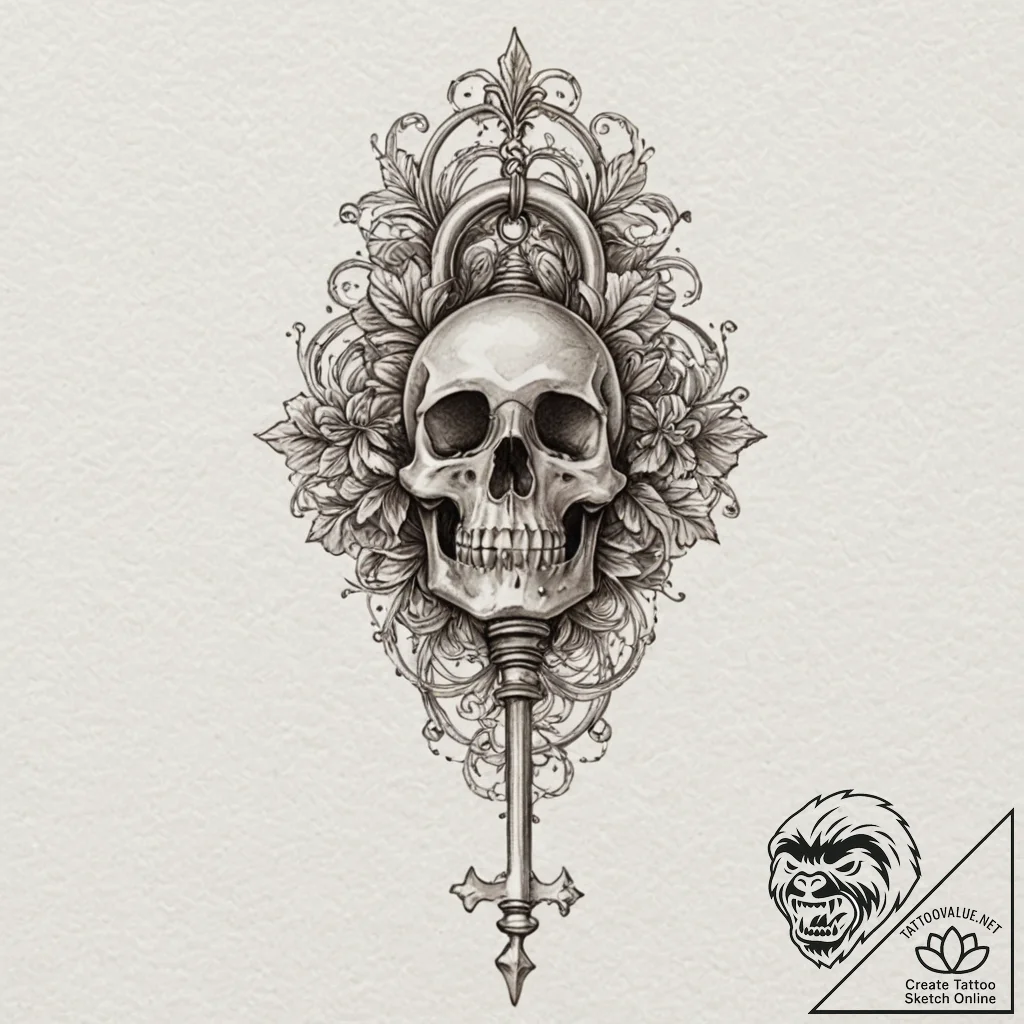 Key turning within bone lock, artistic tattoo... - tattoo sketch (№1752277706_0, 11.07.2025 23:48) — tattoovalue.net