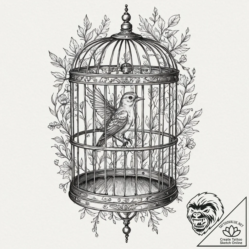 A whimsical bird in a cage, trapped,, tattoo... - tattoo sketch (№1752278632_0, 12.07.2025 00:03) — tattoovalue.net