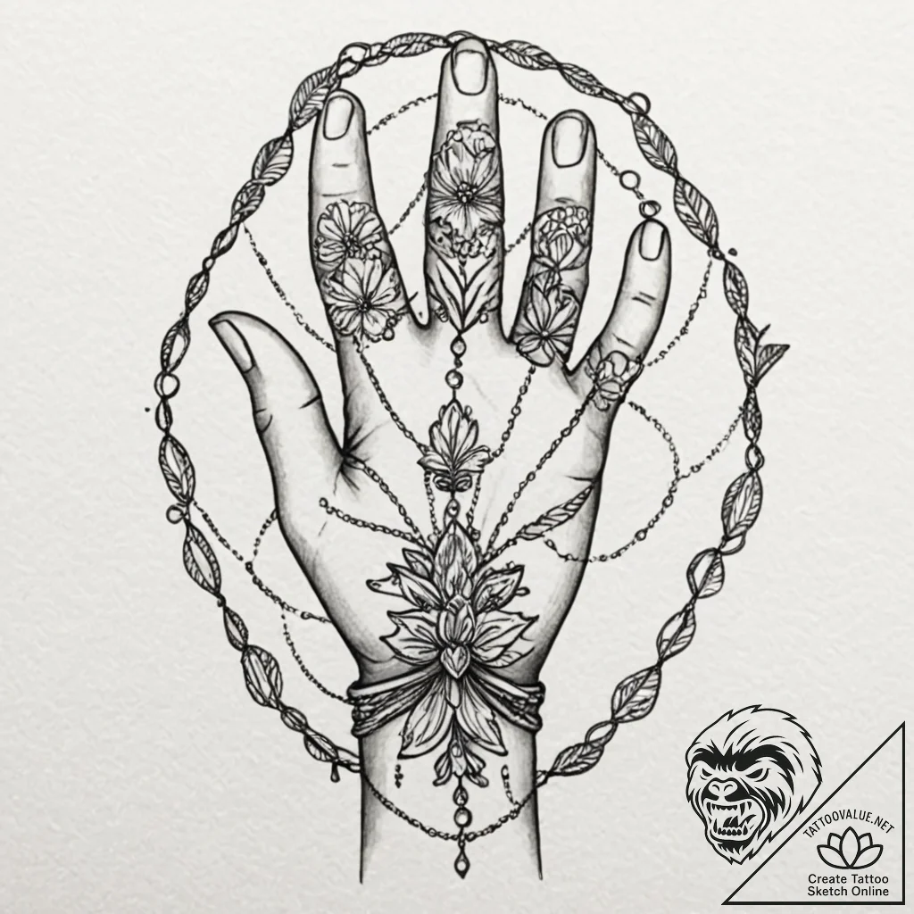 Delicate hand chains (hand harness) made of s... - tattoo sketch (№1752278801_0, 12.07.2025 00:06) — tattoovalue.net