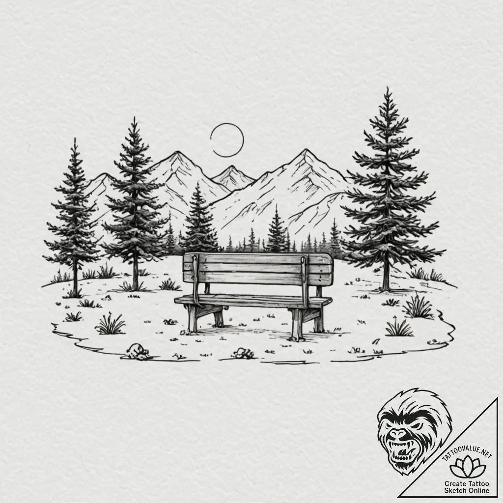 Bench in a quiet park, overlooking a serene l... - tattoo sketch (№1752278968_0, 12.07.2025 00:09) — tattoovalue.net