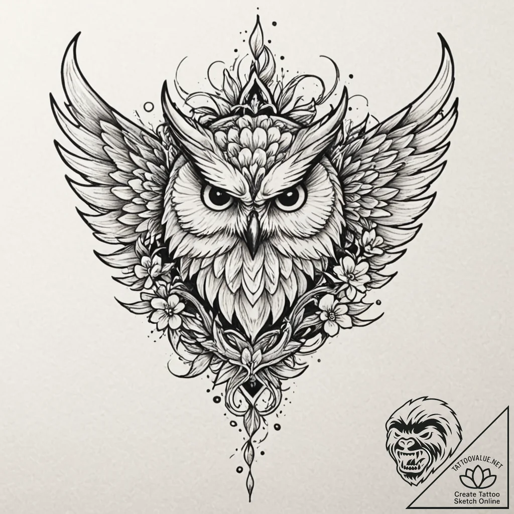Owl wings crowned with thorns, ink illustrati... - tattoo sketch (№1752279556_0, 12.07.2025 00:19) — tattoovalue.net