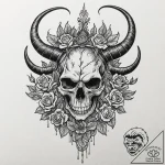 Horned skull of a demon, with a crown of blac… – tattoo sketch (№1752279725_0, 12.07.2025 00:22) — tattoovalue.net