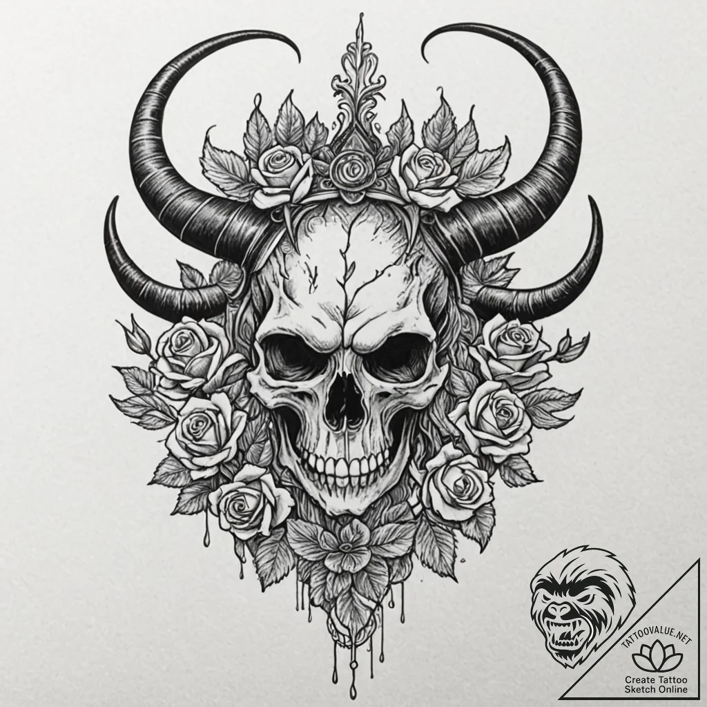 Horned skull of a demon, with a crown of blac... - tattoo sketch (№1752279725_0, 12.07.2025 00:22) — tattoovalue.net