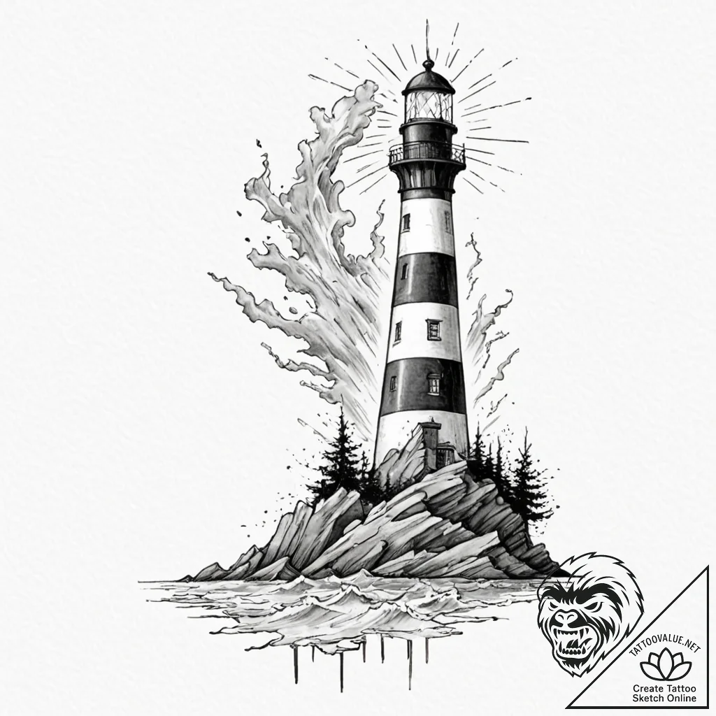 An abandoned lighthouse standing defiant agai... - tattoo sketch (№1752279809_0, 12.07.2025 00:23) — tattoovalue.net