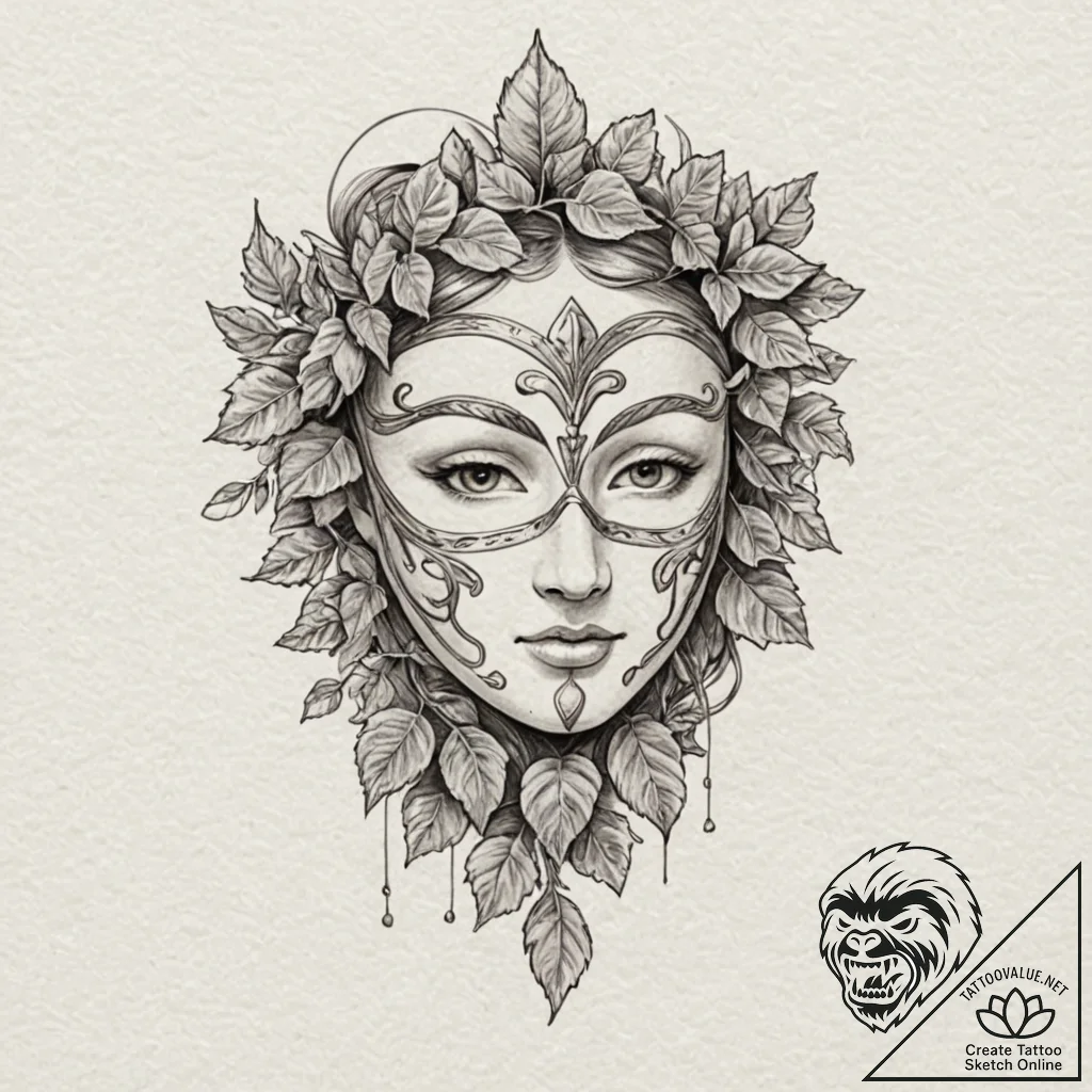 Stone mask veiled in ivy, tattoo line art, dy... - tattoo sketch (№1752279893_0, 12.07.2025 00:24) — tattoovalue.net