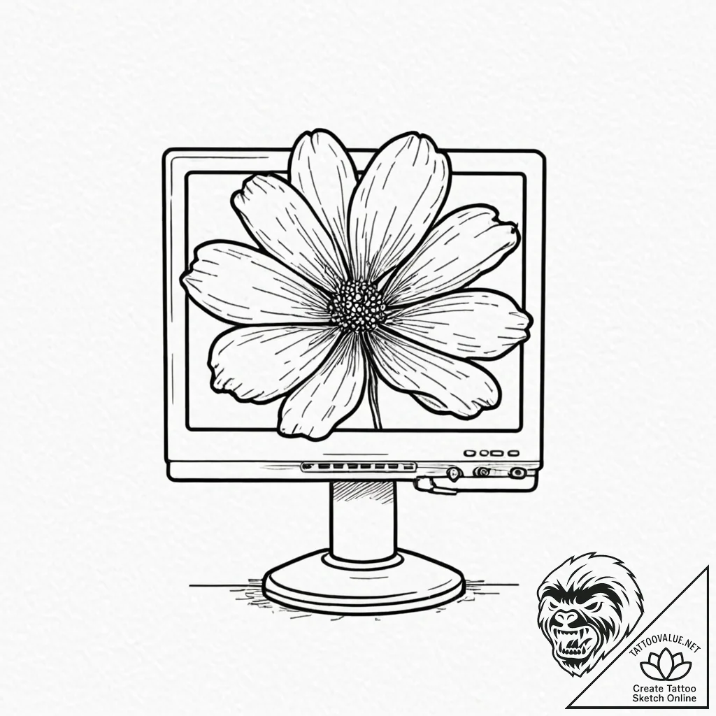 Crt monitor displaying a single, glitchy flow... - tattoo sketch (№1752280479_0, 12.07.2025 00:34) — tattoovalue.net