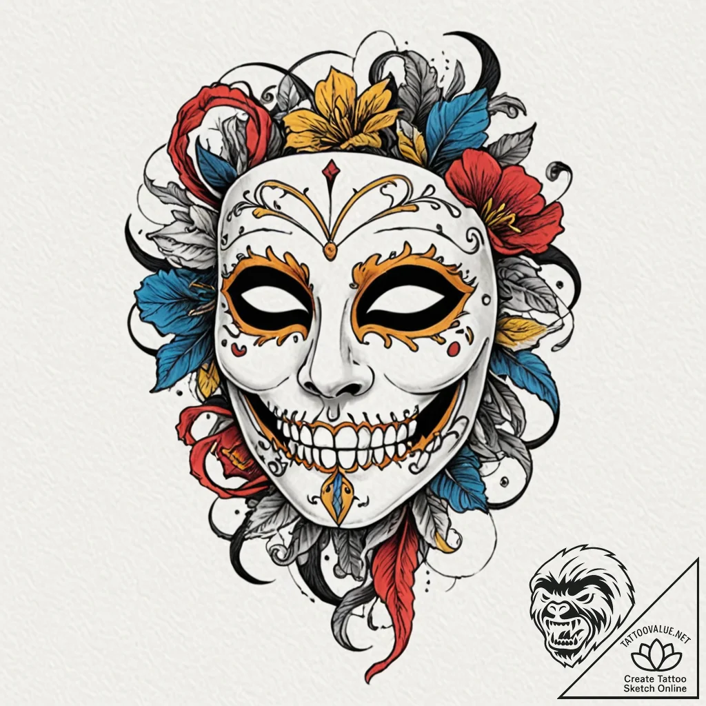 Opera mask with skeletal smile, tattoo sketch... - tattoo sketch (№1752280559_0, 12.07.2025 00:35) — tattoovalue.net
