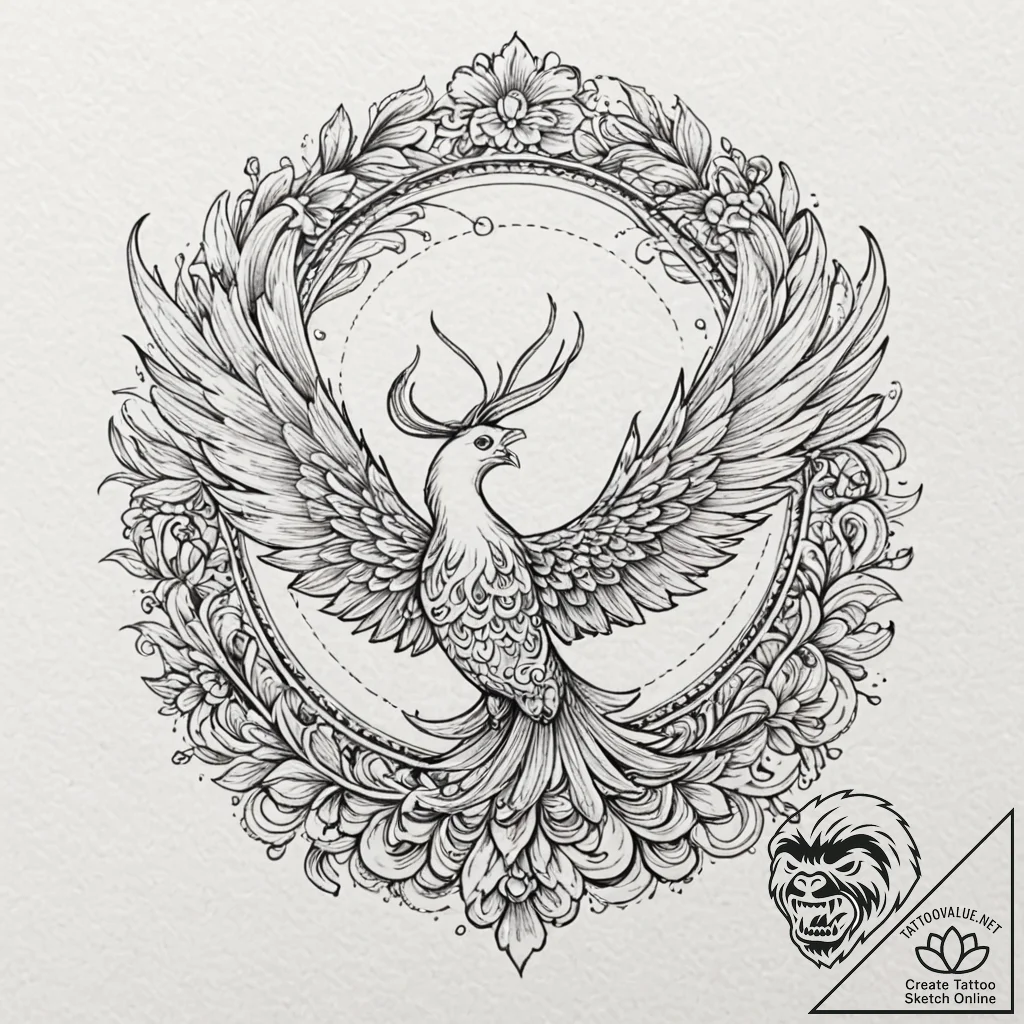 Phoenix eye devouring celestial bloom, tattoo... - tattoo sketch (№1752280641_0, 12.07.2025 00:37) — tattoovalue.net
