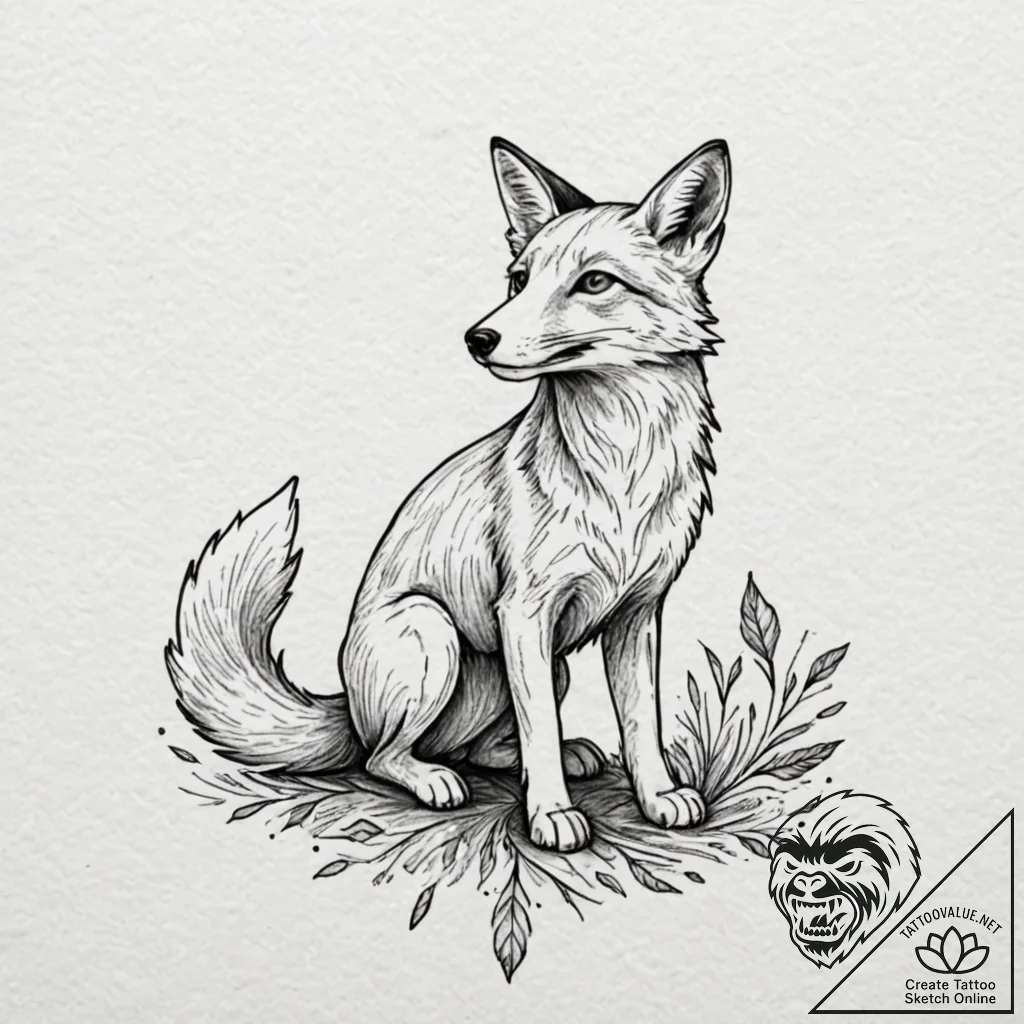 Fox looking up at a single, falling autumn le... - tattoo sketch (№1752280726_0, 12.07.2025 00:38) — tattoovalue.net