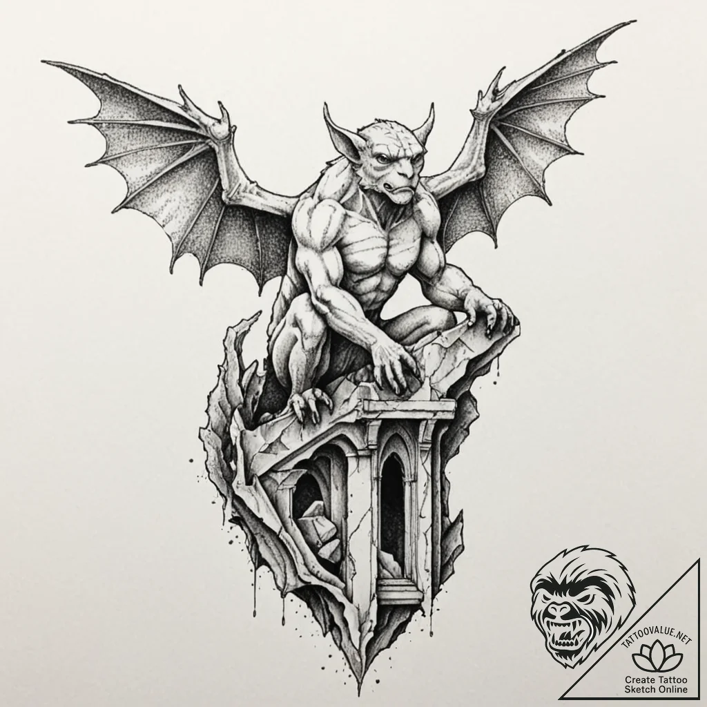 Gargoyle perched on a crumbling cathedral, ar... - tattoo sketch (№1752281561_0, 12.07.2025 00:52) — tattoovalue.net