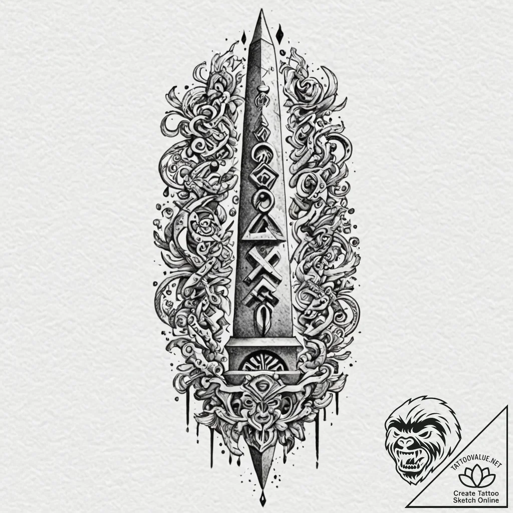 Obelisk covered in both ancient hieroglyphs a... - tattoo sketch (№1752281895_0, 12.07.2025 00:58) — tattoovalue.net
