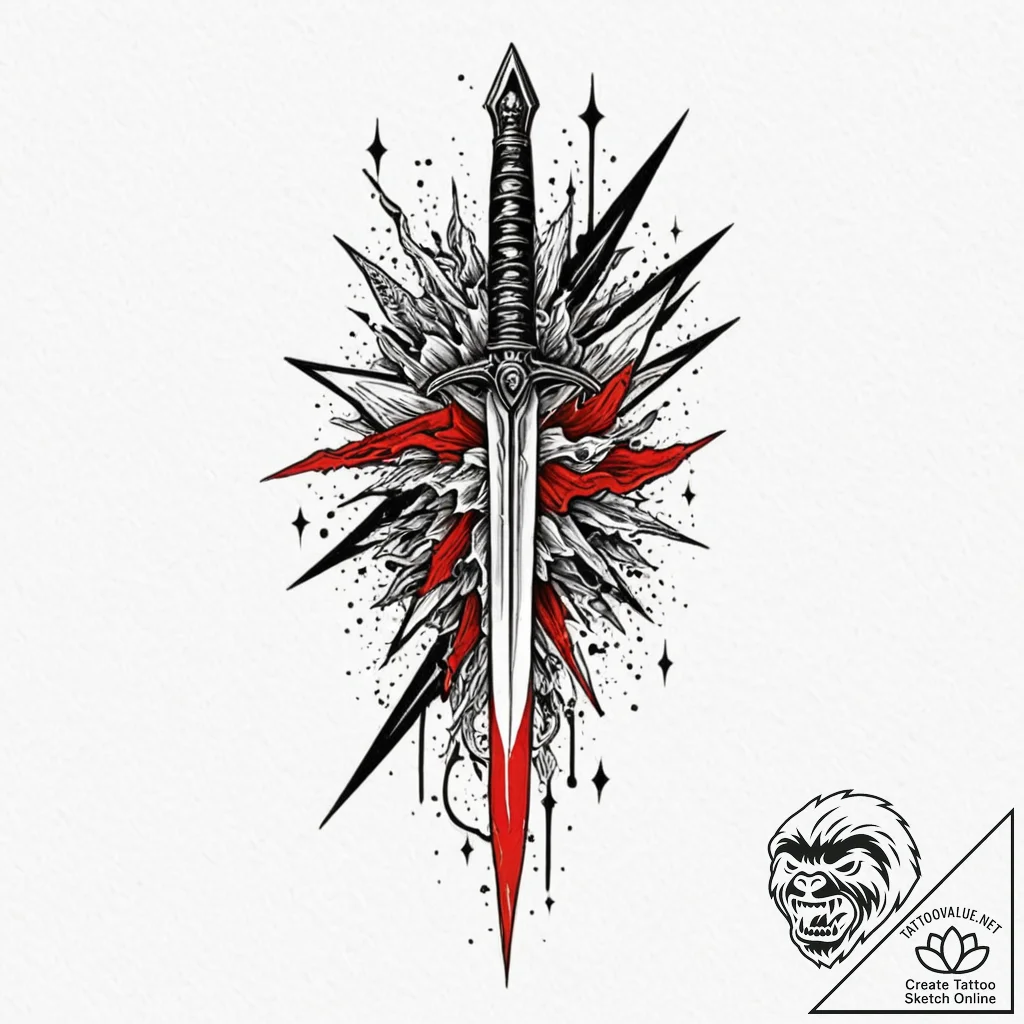 Dagger melting beneath stars, tattoo line art... - tattoo sketch (№1752282228_0, 12.07.2025 01:03) — tattoovalue.net