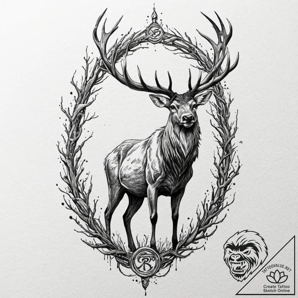 Arcane stag standing in rune fog, ink illustr... - tattoo sketch (№1752283146_0, 12.07.2025 01:19) — tattoovalue.net