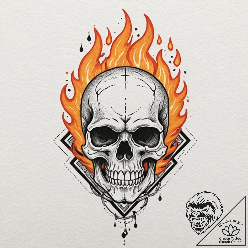 Flaming skull with two pistons crossed behind... - tattoo sketch (№1752283229_0, 12.07.2025 01:20) — tattoovalue.net
