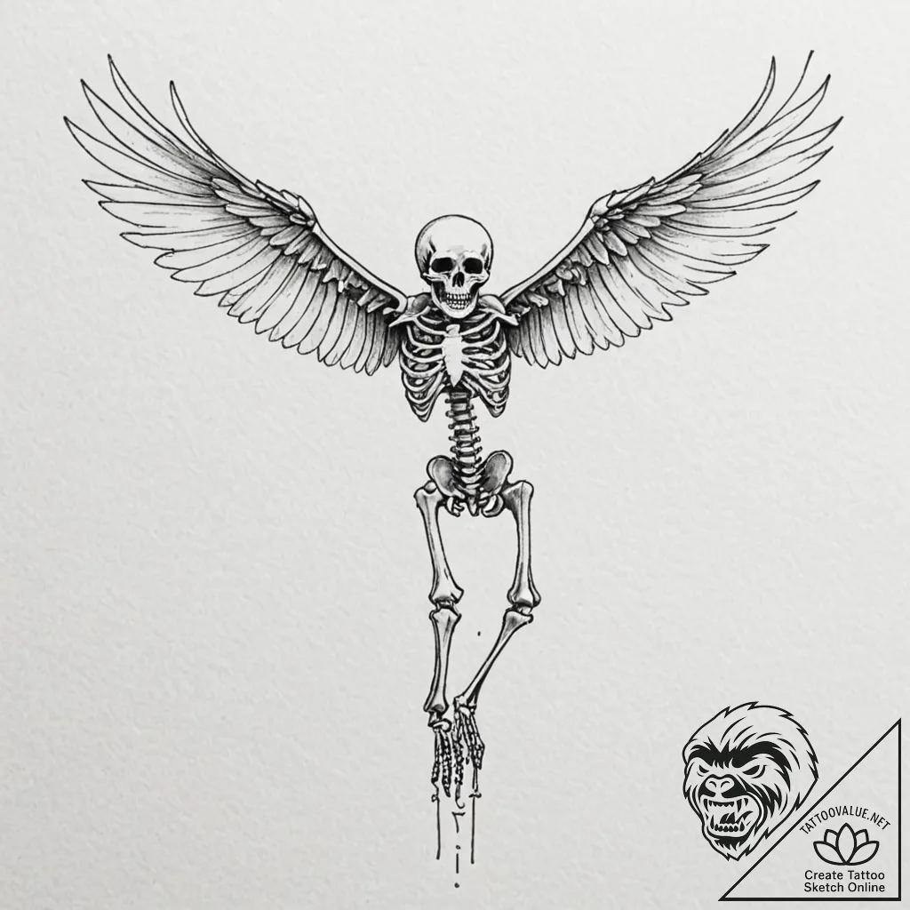 Skeleton of a bird in mid-flight, tattoo flas... - tattoo sketch (№1752283313_0, 12.07.2025 01:21) — tattoovalue.net