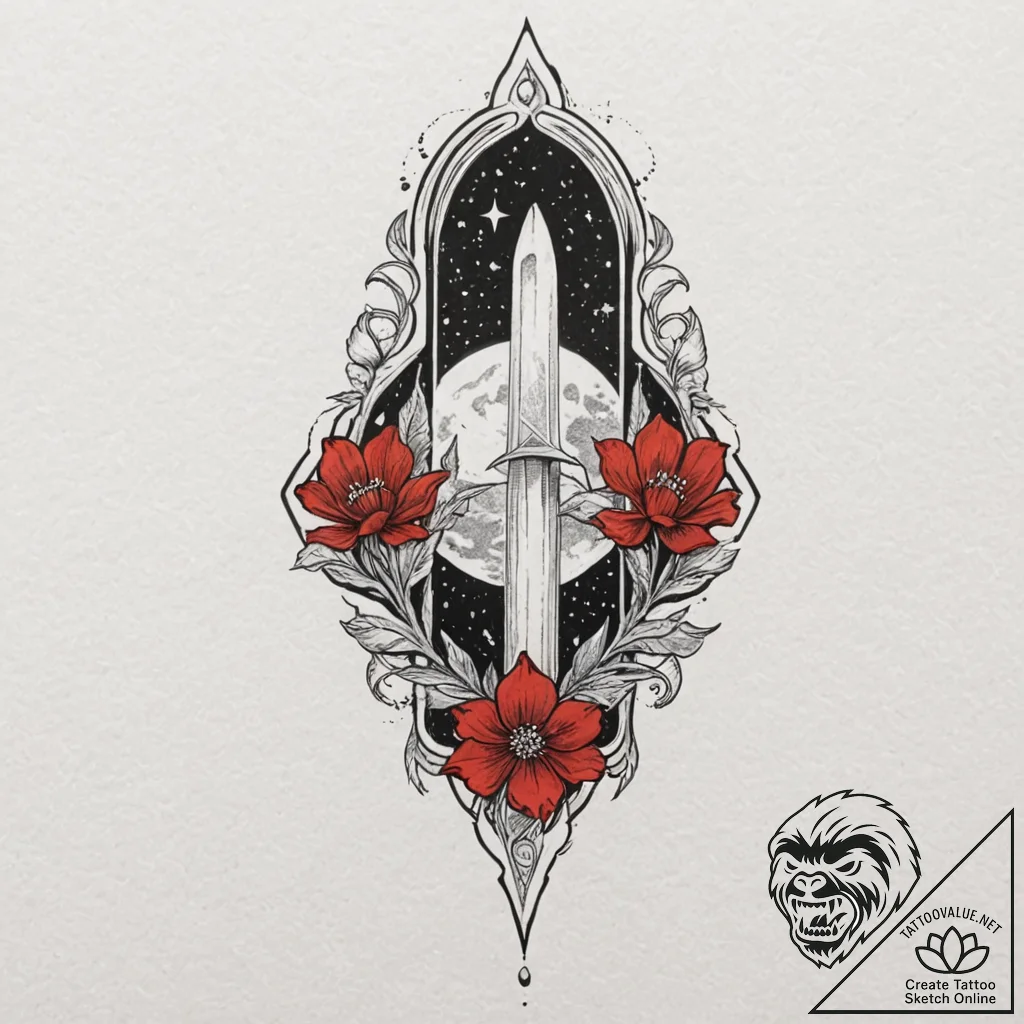Ghost dagger beneath celestial bloom, artisti... - tattoo sketch (№1752284078_0, 12.07.2025 01:34) — tattoovalue.net