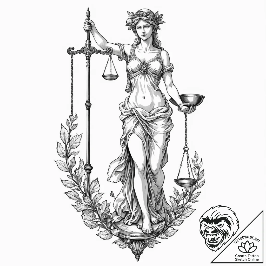 Themis (lady justice) with a broken scale, co... - tattoo sketch (№1752284329_0, 12.07.2025 01:38) — tattoovalue.net