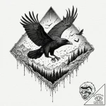 Ashen crow flying through storm, ink illustra… – tattoo sketch (№1752284419_0, 12.07.2025 01:40) — tattoovalue.net