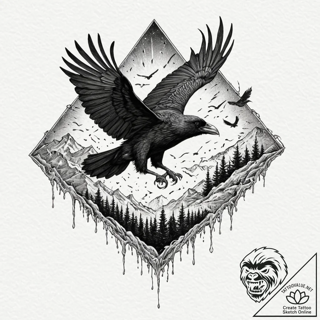 Ashen crow flying through storm, ink illustra... - tattoo sketch (№1752284419_0, 12.07.2025 01:40) — tattoovalue.net