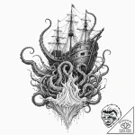 Abyssal kraken pulling ship underwater, ink i… – tattoo sketch (№1752285004_0, 12.07.2025 01:50) — tattoovalue.net
