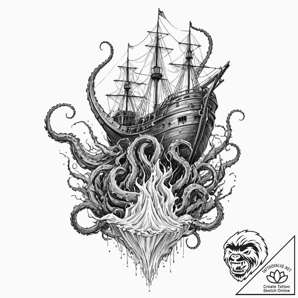 Abyssal kraken pulling ship underwater, ink i... - tattoo sketch (№1752285004_0, 12.07.2025 01:50) — tattoovalue.net