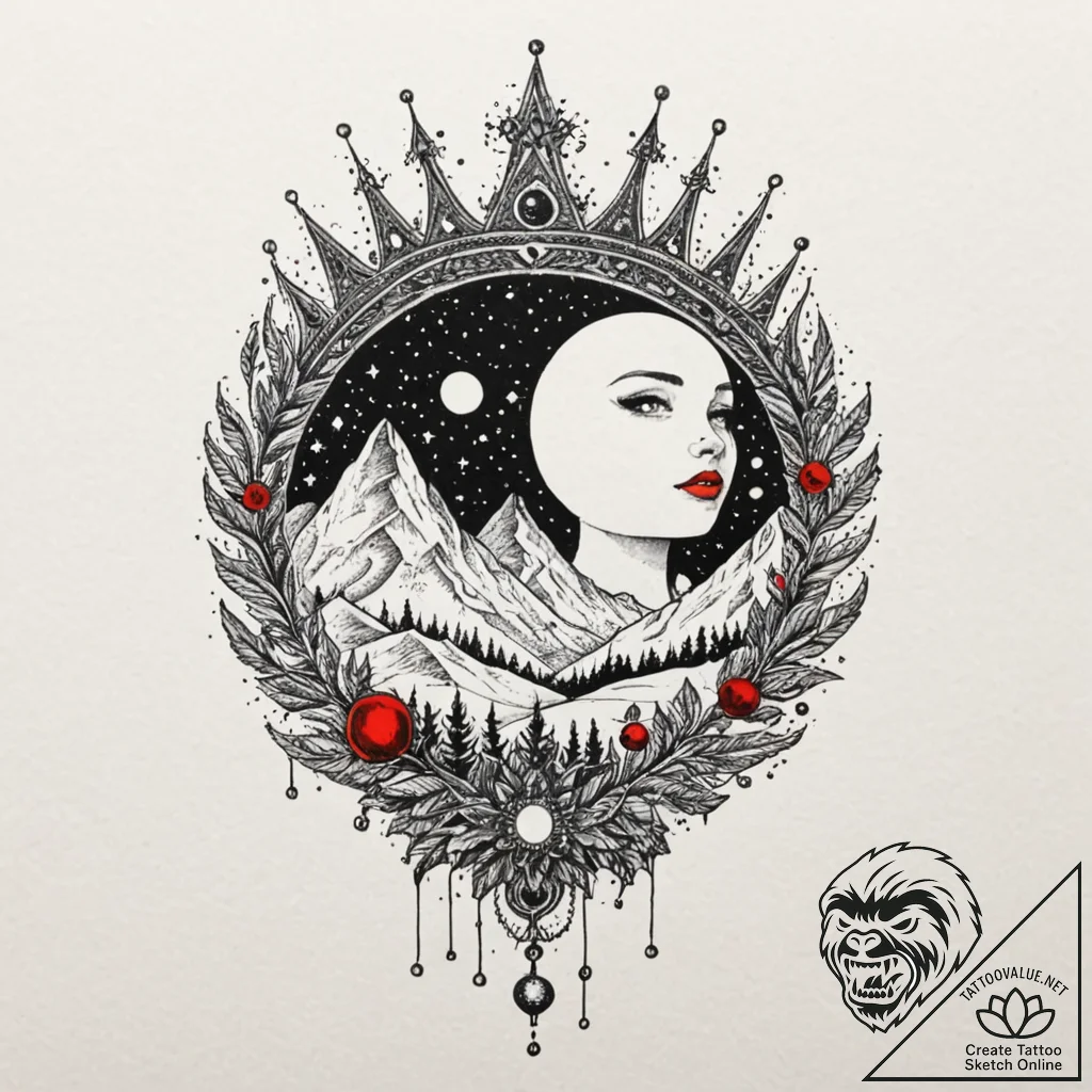 Frozen crown beneath spectral moon, artistic... - tattoo sketch (№1752285339_0, 12.07.2025 01:55) — tattoovalue.net