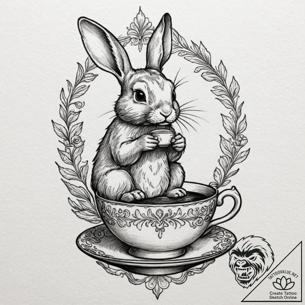 A whimsical bunny rabbit sipping tea in a tin... - tattoo sketch (№1752286008_0, 12.07.2025 02:06) — tattoovalue.net