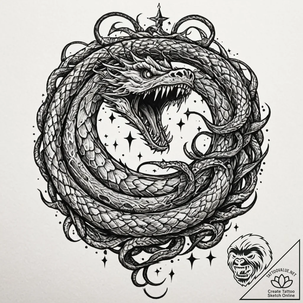 Shadow serpent devouring stars, artistic tatt... - tattoo sketch (№1752286174_0, 12.07.2025 02:09) — tattoovalue.net