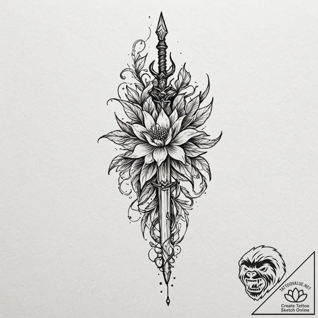 Dagger within thorned bloom, ink illustration... - tattoo sketch (№1752286258_0, 12.07.2025 02:10) — tattoovalue.net
