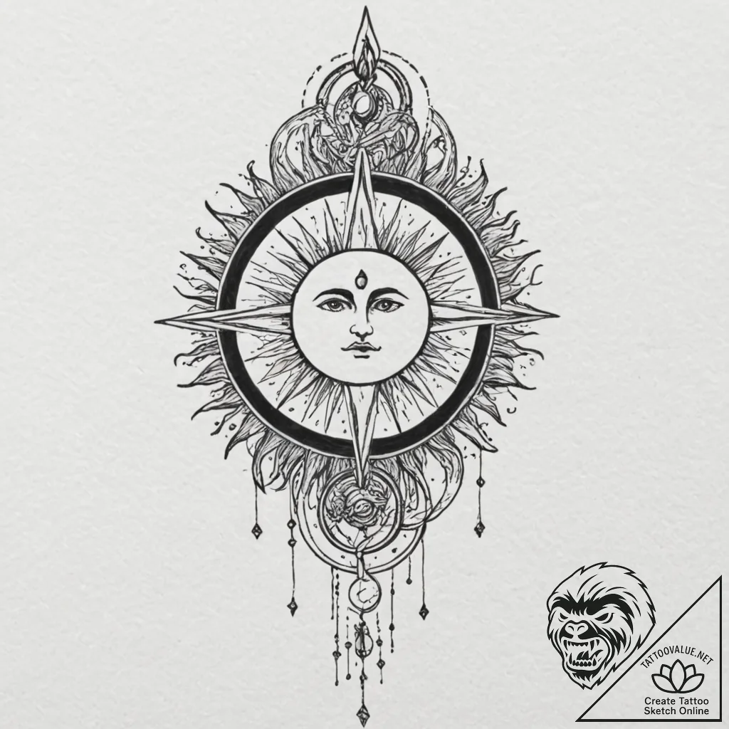 Sun sigil beneath shattered spire, concept ar... - tattoo sketch (№1752286507_0, 12.07.2025 02:15) — tattoovalue.net