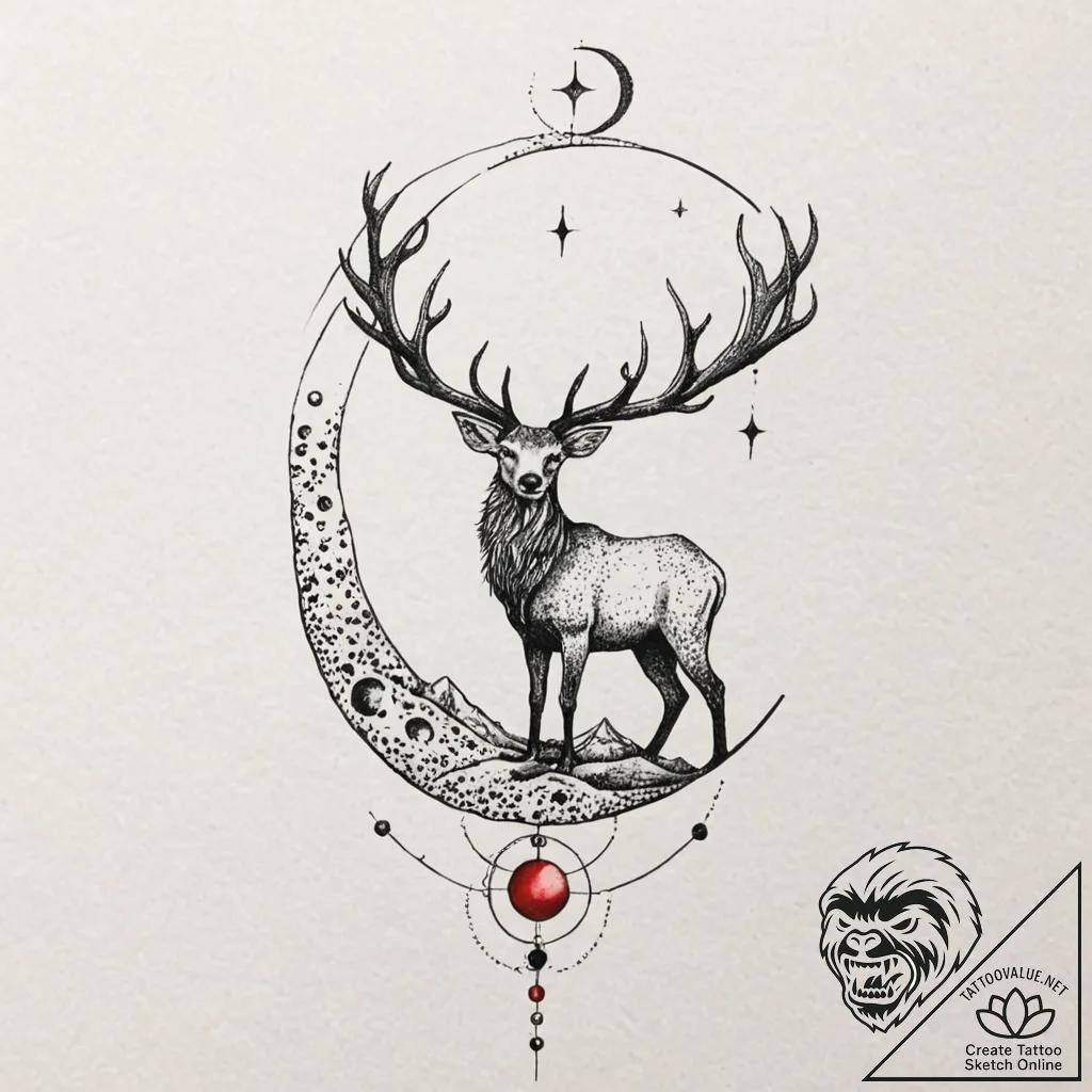 Astral stag standing on moon, artistic tattoo... - tattoo sketch (№1752287928_0, 12.07.2025 02:38) — tattoovalue.net