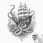 Abyssal kraken pulling ship underwater, tatto… – tattoo sketch (№1752288094_0, 12.07.2025 02:41) — tattoovalue.net