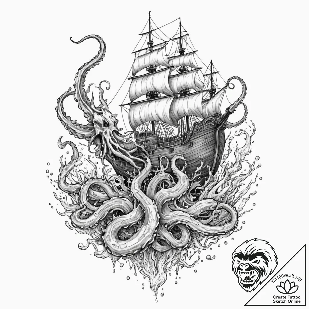 Abyssal kraken pulling ship underwater, tatto... - tattoo sketch (№1752288094_0, 12.07.2025 02:41) — tattoovalue.net