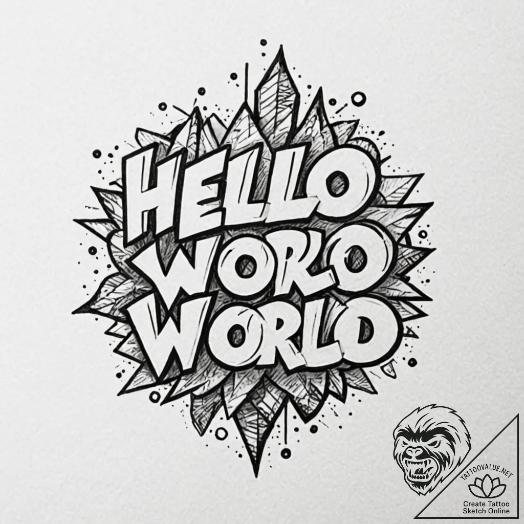 A "hello world" in code font, tattoo line art... - tattoo sketch (№1752288265_0, 12.07.2025 02:44) — tattoovalue.net